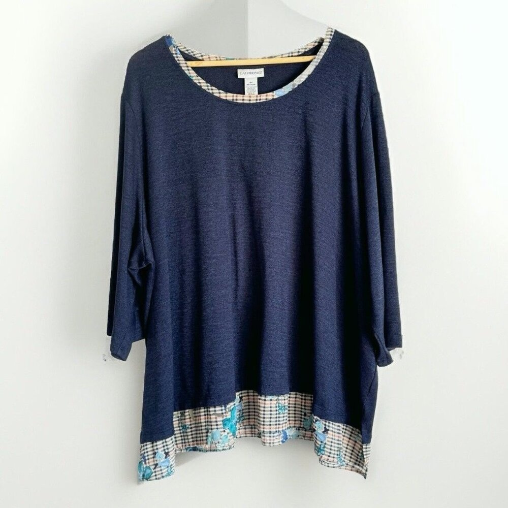 Catherines Impossibly Soft Duet Blue Plaid Floral Shirt Tail Top Women's 4X